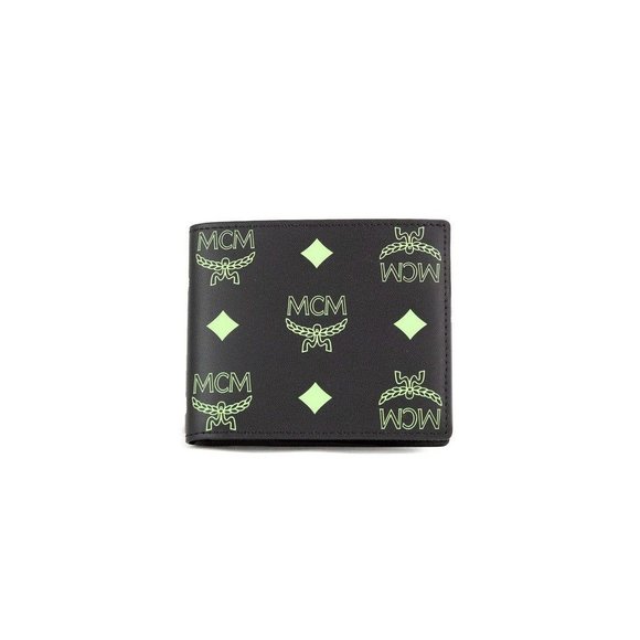 NEW MCM Small Black Green Smooth Visetos Monogram Logo Leather Bifold Wallet - Picture 7 of 8